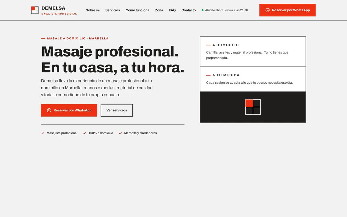 Página de Demelsa: fondo gris claro, titular Masaje profesional, en tu casa a tu hora, y un botón rojo de WhatsApp.