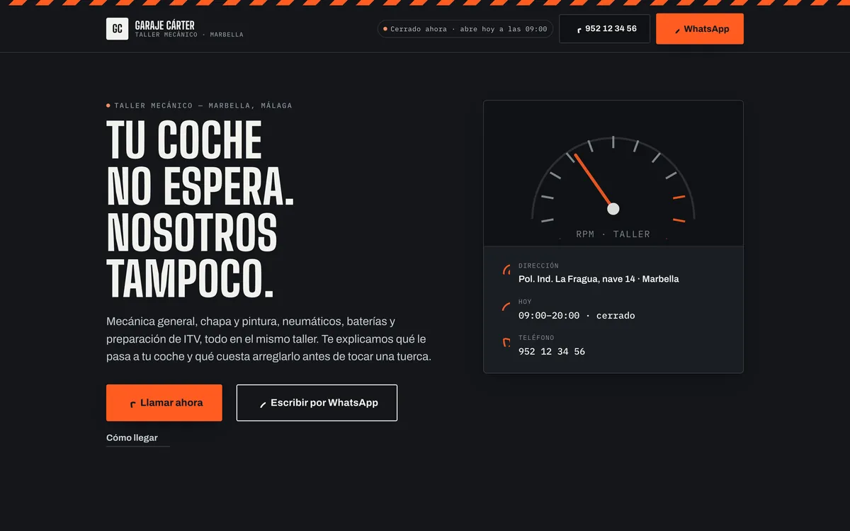 Página de Garaje Cárter: fondo grafito, titular Tu coche no espera, nosotros tampoco, y un cuentarrevoluciones naranja.